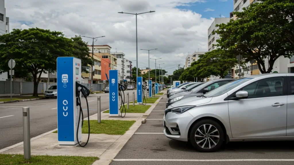 carro elétrico carregando estação recarga pública veículo sustentável transporte verde