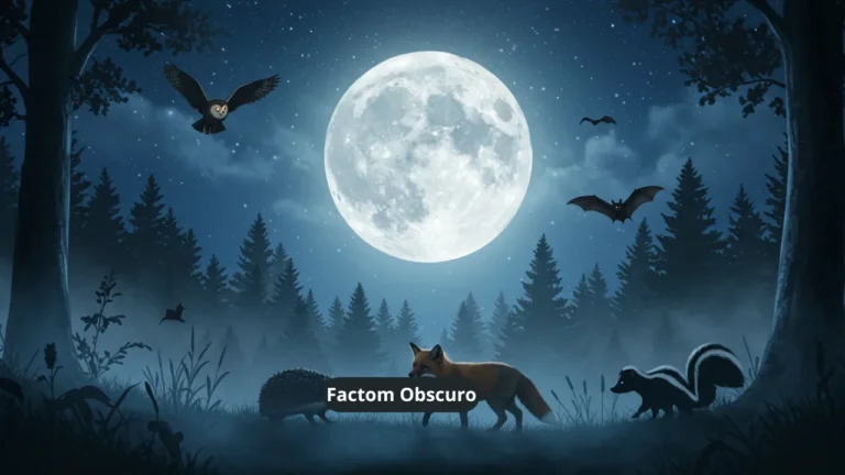 Cinco animais noturnos em floresta iluminada pela lua - coruja, morcego, raposa, ouriço e gambá