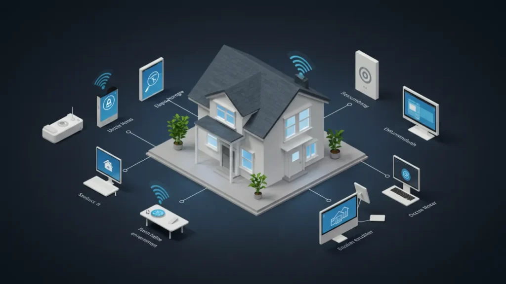 Casa inteligente com dispositivos IoT conectados via tecnologia 5G para automação residencial