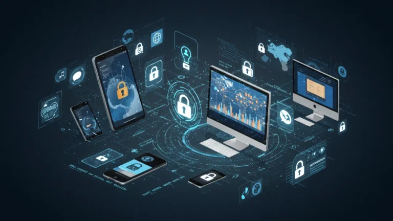 Tecnologia para proteger seus dados pessoais - dispositivos seguros com símbolos de segurança digital