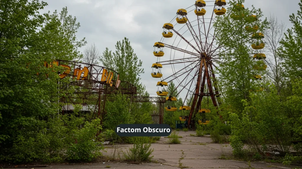 Parque de diversões abandonado de Pripyat com roda gigante icônica coberta por vegetação