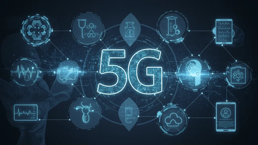 Telemedicina com tecnologia 5G permitindo consultas remotas e monitoramento de saúde em tempo real