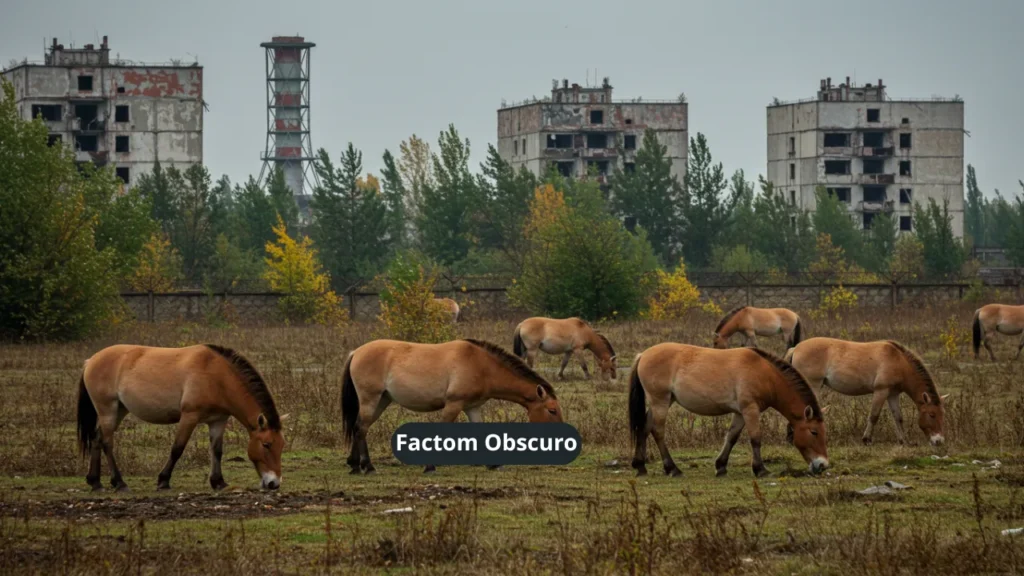 Cavalos selvagens Przewalski pastando na zona de exclusão de Chernobyl com prédios abandonados