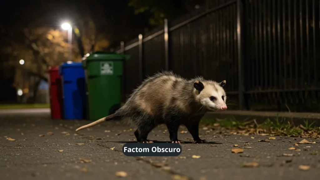 Gambá com pelagem preta e branca caminhando em ambiente urbano noturno