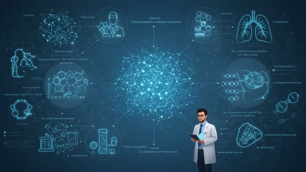 Médico utilizando tecnologia quântica para medicina personalizada com visualização de DNA e desenvolvimento de medicamentos
