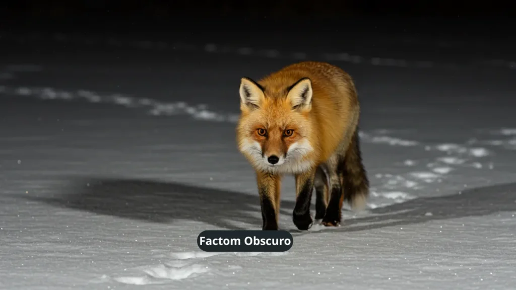 Raposa vermelha caçando na neve durante a noite com olhos brilhantes
