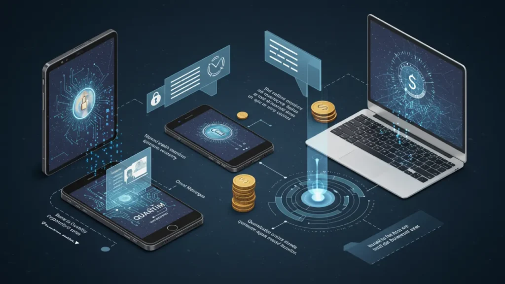 Usuário comum acessando tecnologia de segurança quântica através de smartphone com criptografia avançada e proteção digital