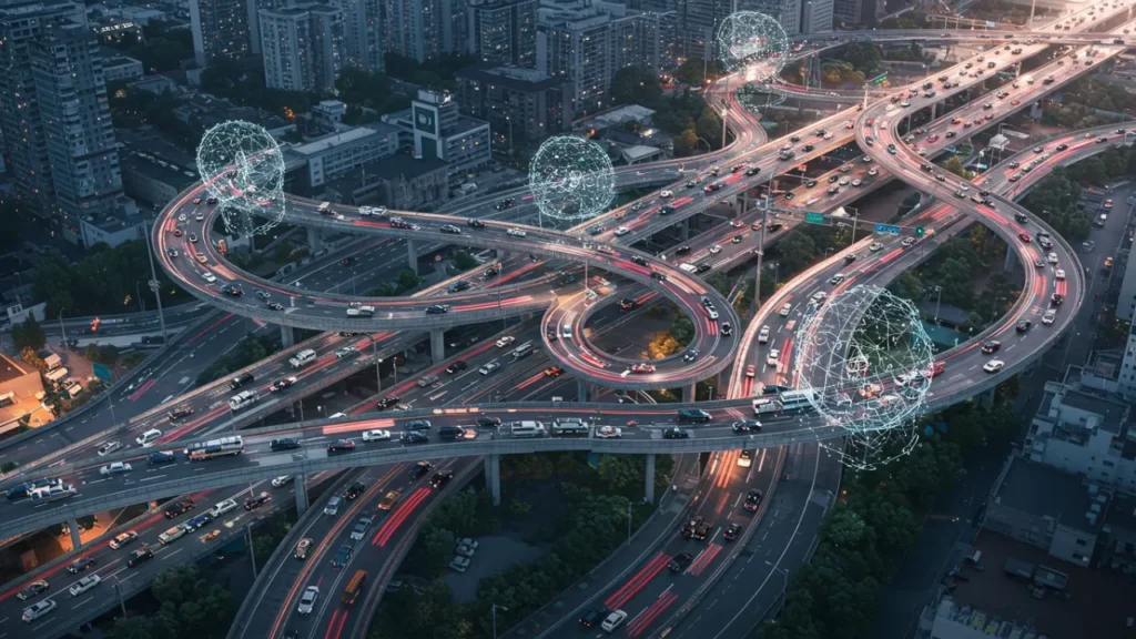 Sistema de transporte inteligente com tecnologia quântica otimizando tráfego urbano e carros autônomos em cidade moderna